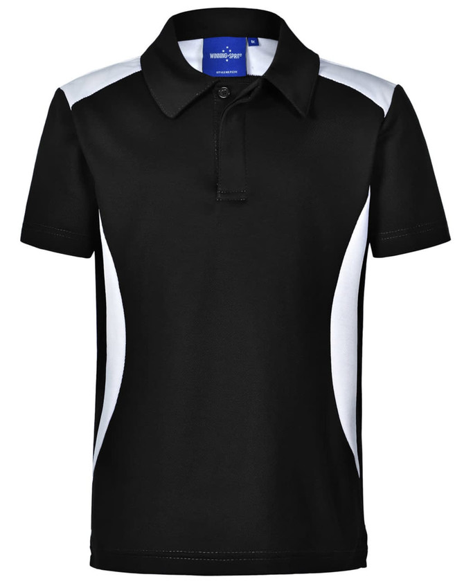 A black polo shirt with white panel details and a collar, featuring a logo on the label.