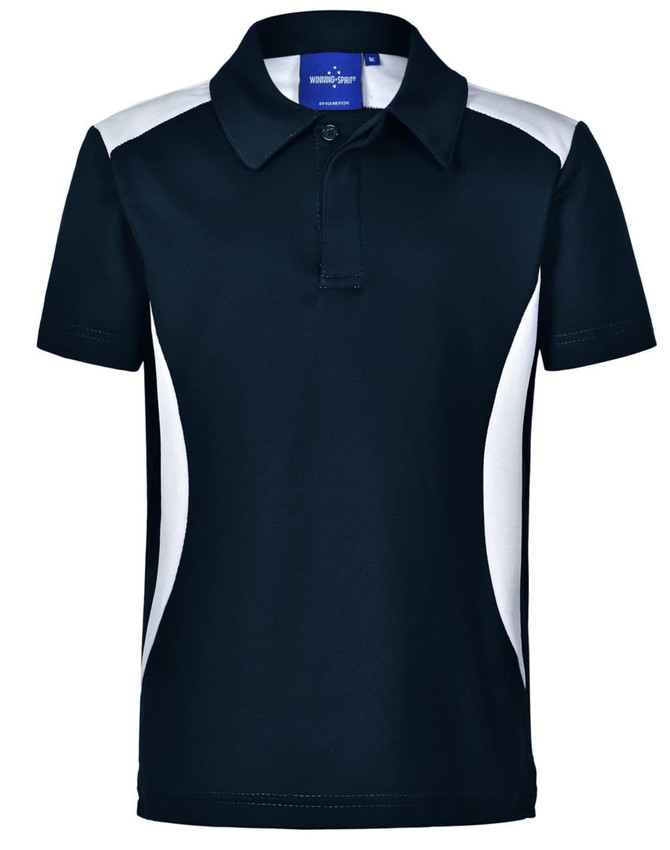 A short-sleeved polo shirt in navy blue with white accents and a collar. It features a logo on the neckline.
