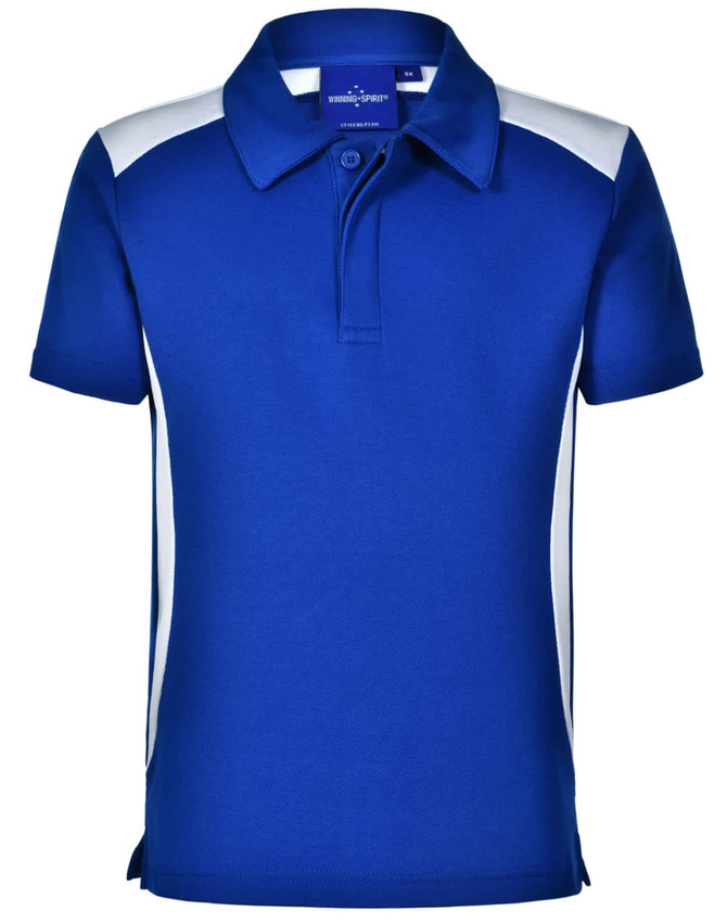 A blue children's polo shirt featuring white side panels and a collar, with a branded logo.