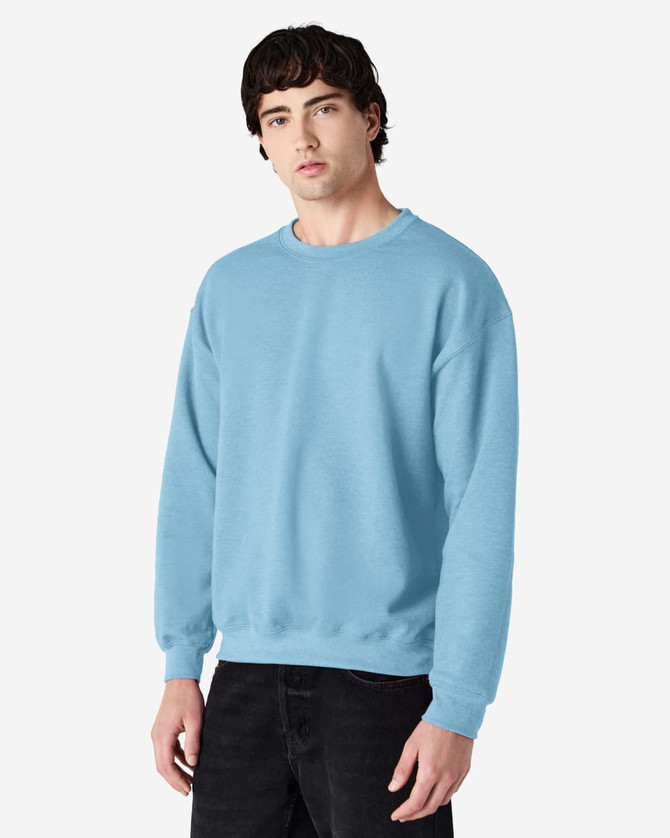 A blue crewneck sweatshirt is displayed, featuring long sleeves and a relaxed fit. It has a visible logo.