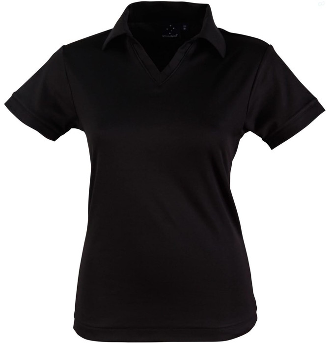 A black polo shirt with a V-neck and short sleeves, featuring a logo on the chest.