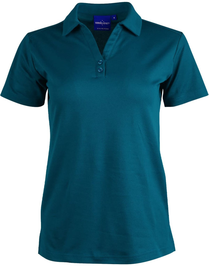 A teal short sleeve polo shirt with a collar and three button placket, featuring a branding logo.