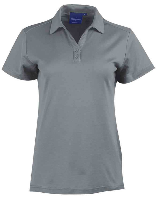 A grey short sleeve polo with a collar and three buttons, featuring a logo on the front.