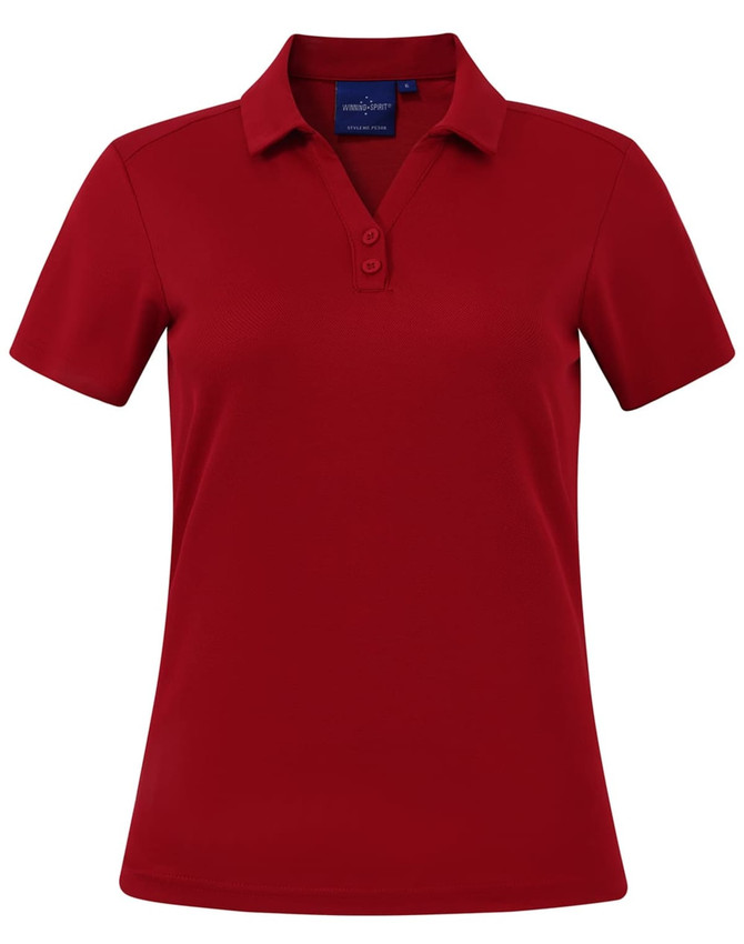 A red women's short sleeve polo shirt with a collar, featuring buttons and a logo.