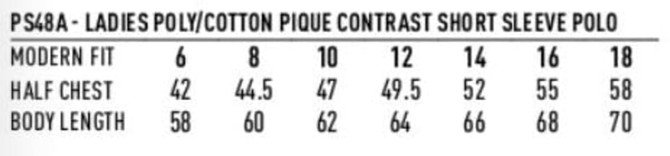A table detailing the sizing and measurements for a Ladies' Liberty Polo, including various sizes and dimensions.