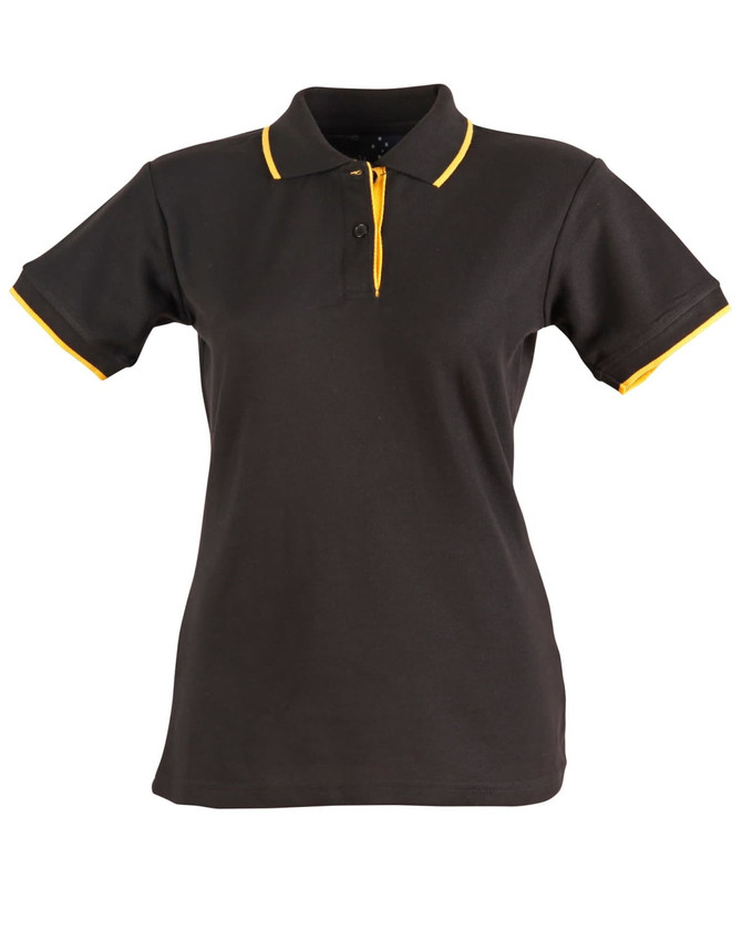 A black ladies' polo shirt with yellow accents, featuring a collar and short sleeves, has a logo.