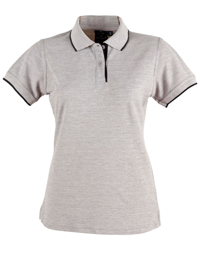 A grey ladies' polo shirt featuring a black collar and trim, with a button placket and logo at the chest.
