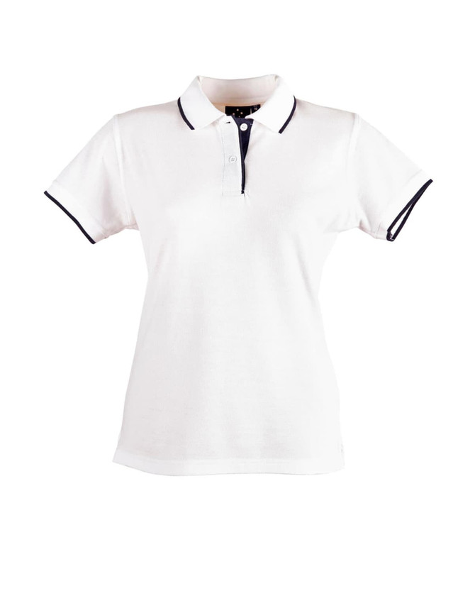 A white polo shirt featuring a collar with navy detailing and a logo.