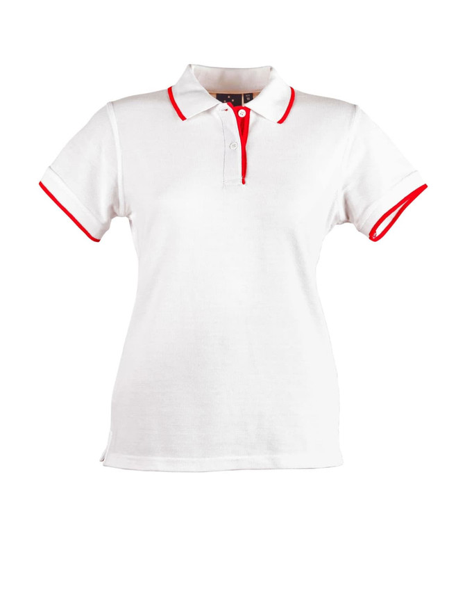 A white polo shirt with red collar and sleeve trims, featuring a logo on it.