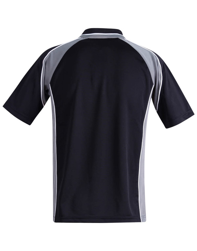 A black polo shirt with grey accent panels and a collar, featuring a logo on the front.