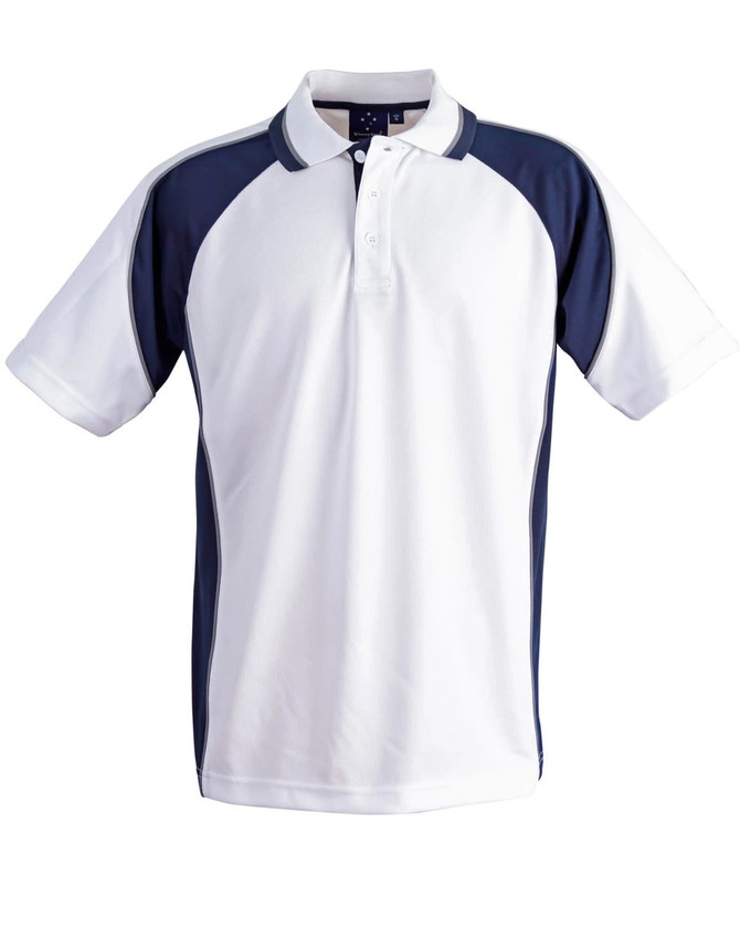 A men's polo shirt featuring a white body with navy blue accents and a logo on the chest.