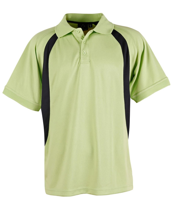 A green polo shirt with black side panels, featuring a collar and short sleeves, includes a logo on the chest.