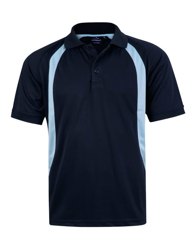 A navy blue polo shirt with light blue side panels and a collar, featuring a logo on the chest.