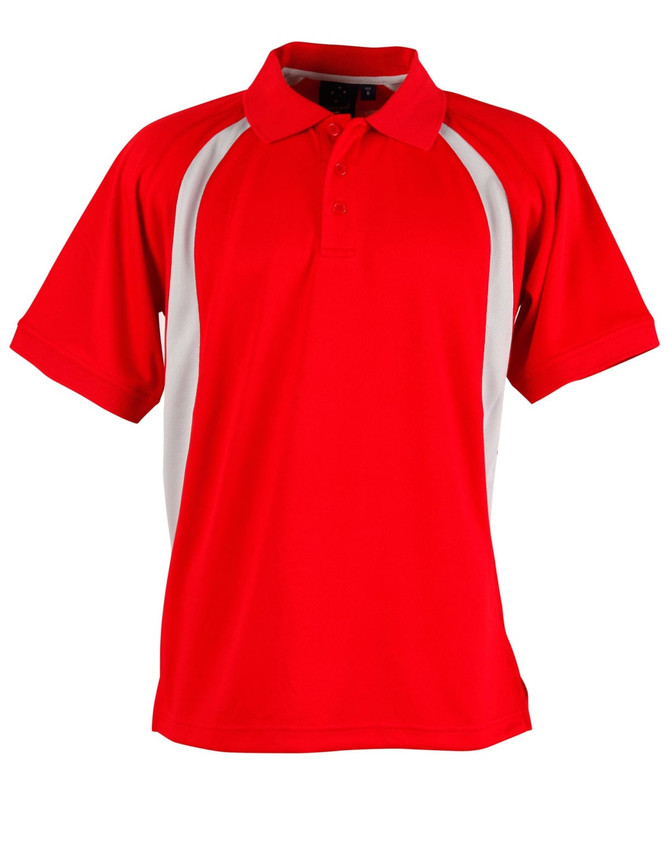 A red polo shirt featuring white side panel accents and a collar. The shirt includes a logo on the chest area.