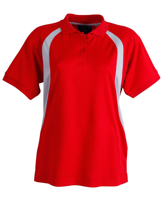 A red polo shirt with white accents and a collar, featuring short sleeves and a logo.