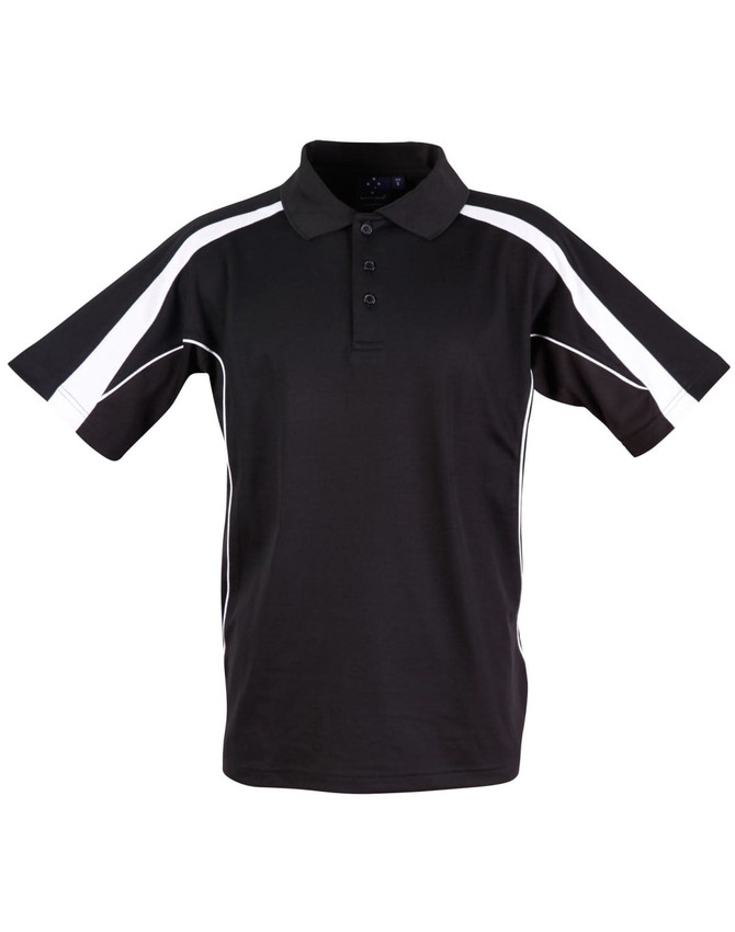A black polo shirt featuring white side stripes and a collar, with a logo on the chest.