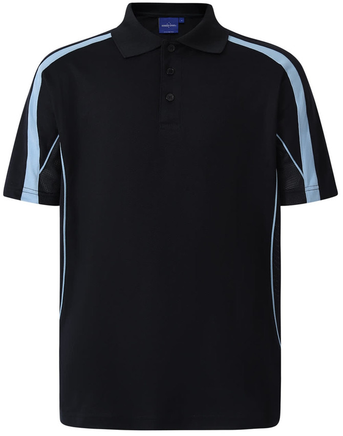 A navy blue polo shirt with light blue accents and a collar, featuring buttons and a logo.