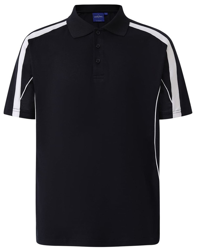 A navy polo shirt with white accents and a logo. It features a classic collar and short sleeves.