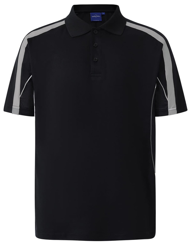 A black short sleeve polo shirt featuring contrasting grey detailing and a logo on the collar.