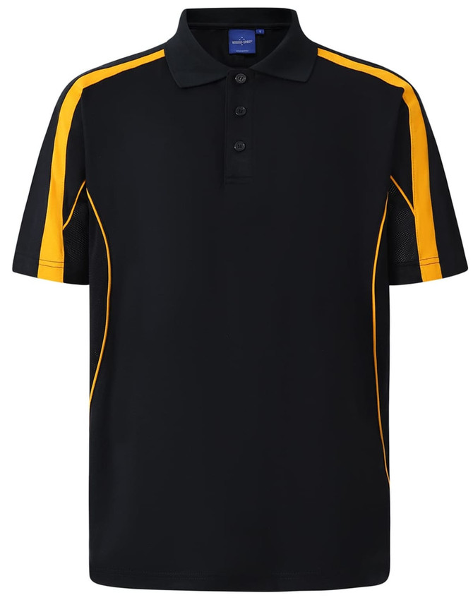 A black polo shirt with yellow side stripes and a logo. Short sleeves and a buttoned collar design.