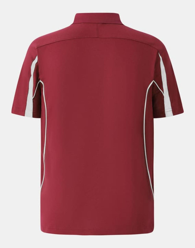 A maroon men's short-sleeve polo shirt featuring white side accents and a logo.