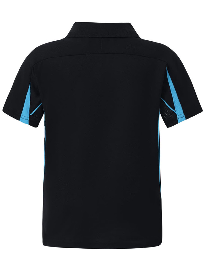 A black polo shirt with blue side accents, featuring a collar and short sleeves. It has a branding logo.