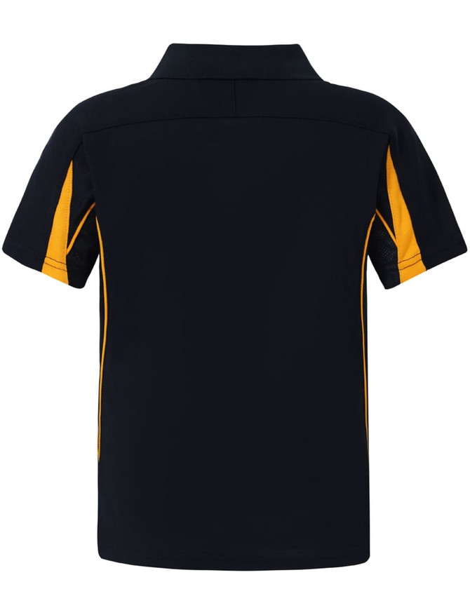 A navy blue polo shirt with yellow accents, featuring a collar and short sleeves. It has a logo on it.