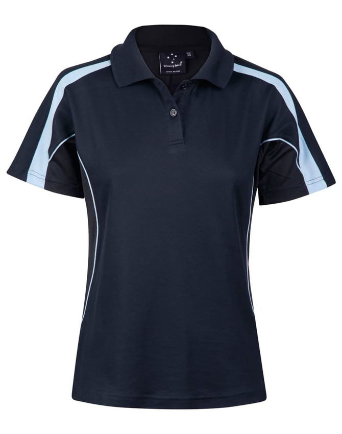 A dark navy short sleeve polo shirt with light blue accents and a collar. It features a logo on the chest.