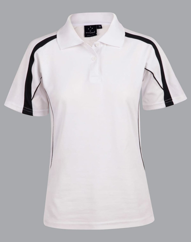 A white polo shirt with black accents and a collar, featuring a logo on the front.
