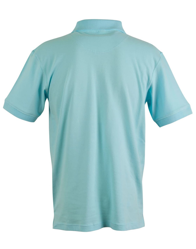 A light blue polo shirt with a collar and short sleeves, featuring a logo on the back.