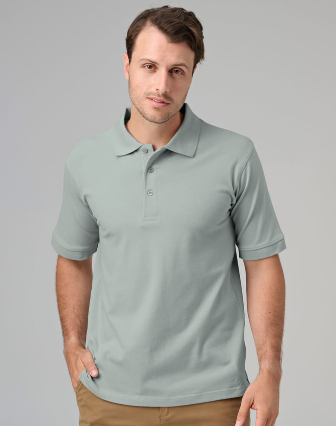 A men's cotton stretch polo in a light grey colour, featuring a collar and short sleeves, with a logo on the chest.