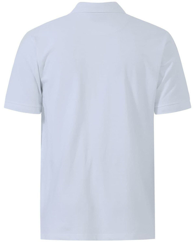 A light blue men's cotton stretch polo shirt with a collar, featuring short sleeves and a logo.
