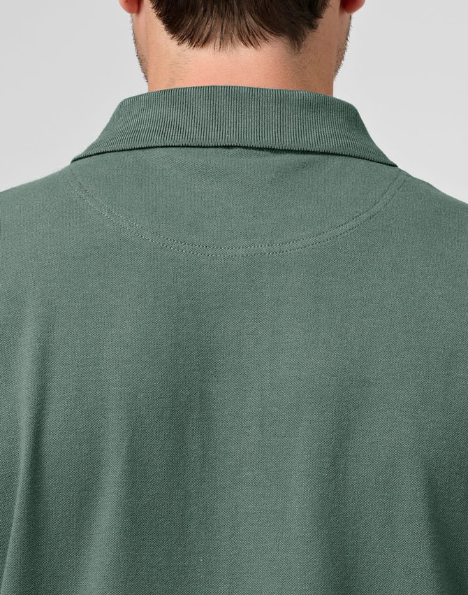 A men's cotton stretch polo shirt in a green hue, featuring a collared neckline and a back view.