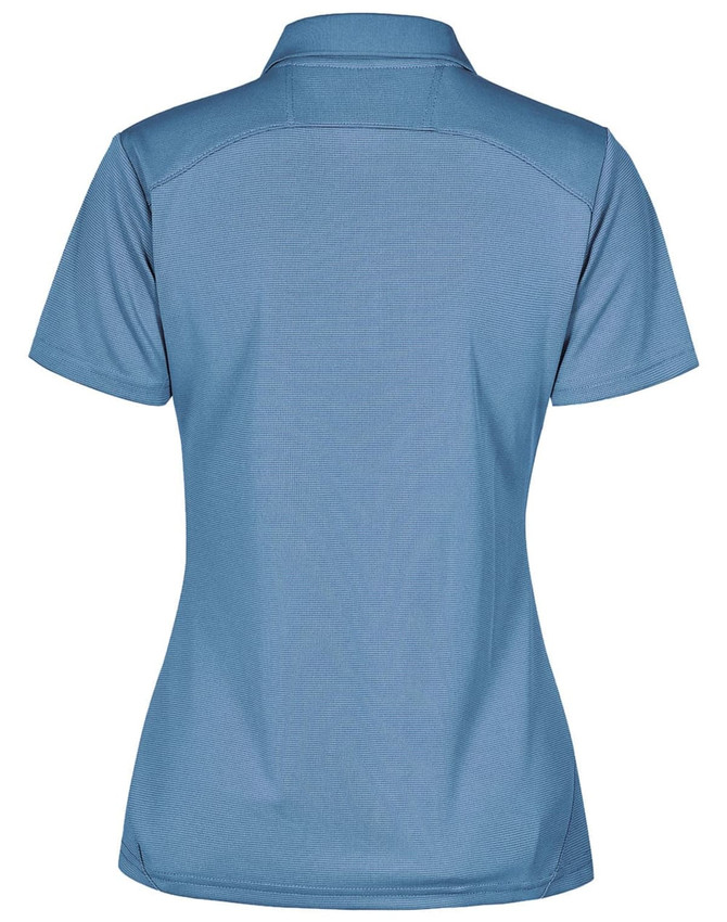 A light blue polo shirt with a collar and short sleeves, featuring a logo on the back.