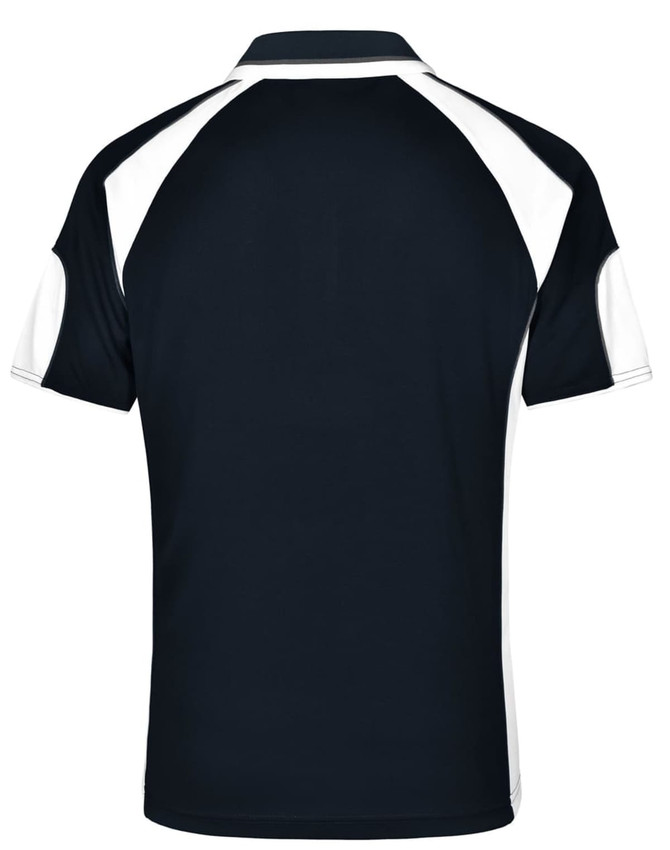 A polo shirt in navy with white accents and a logo, featuring a classic collar and short sleeves.
