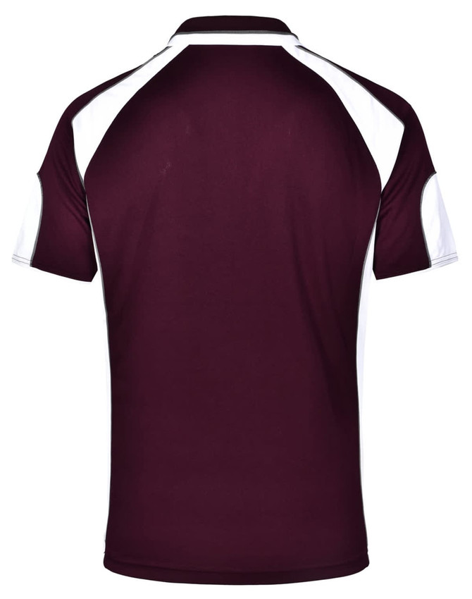 A maroon polo shirt with white detailing and a logo on the back.