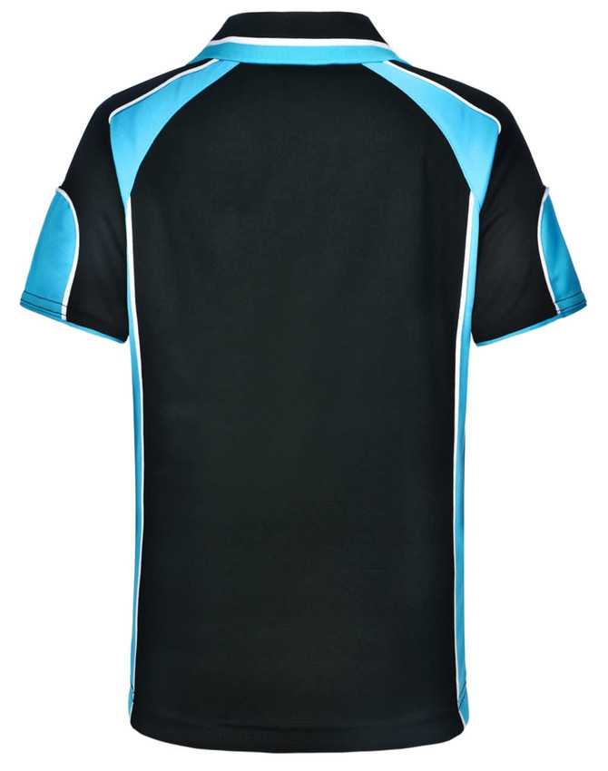 A black polo shirt with turquoise accents and a logo on the back.