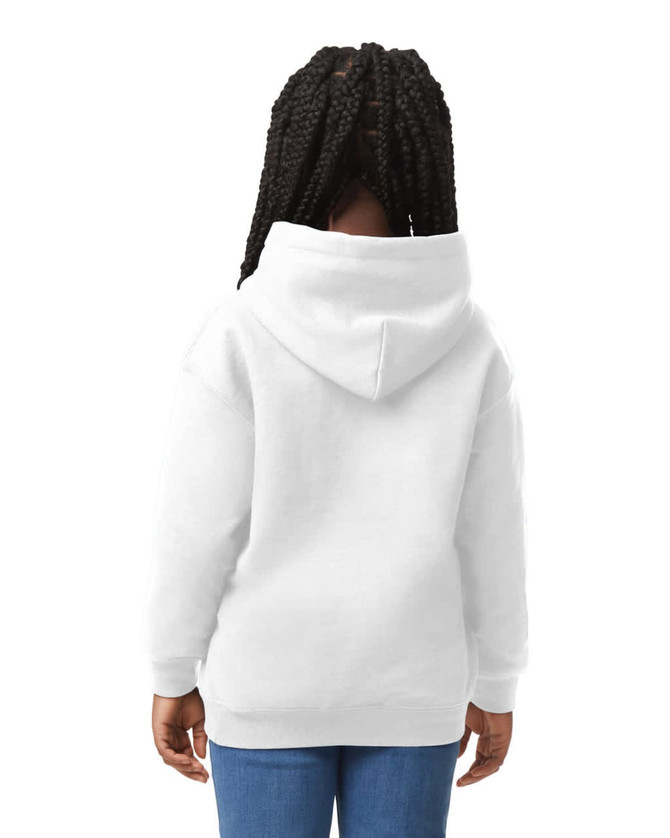 A white hooded sweatshirt for youth featuring a large hood and a casual fit, presented from the back.