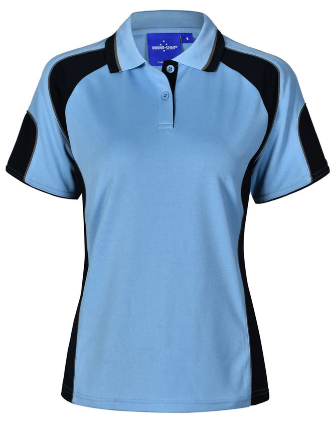 A light blue polo shirt with black accents and a logo on the chest.