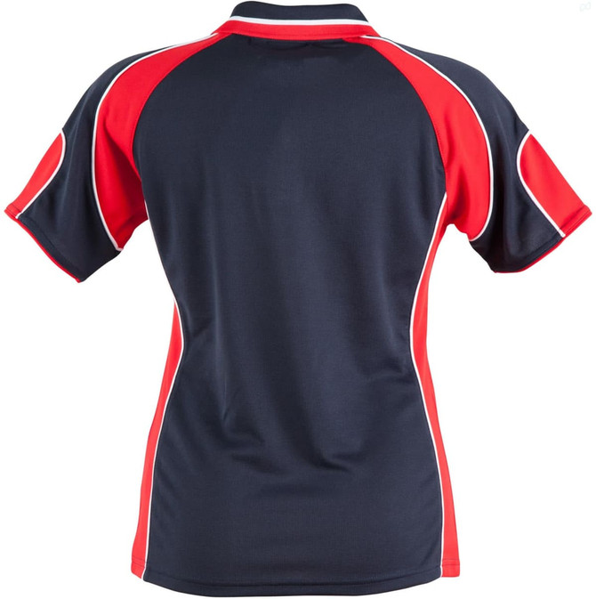 A ladies' polo shirt featuring a navy body with red and white accent panels and a logo.