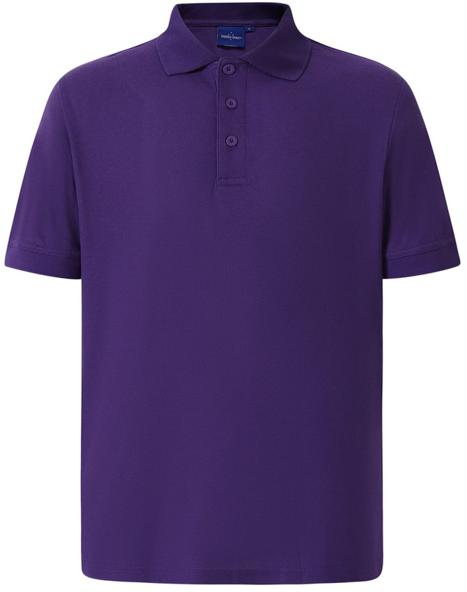 A purple polo shirt with a collar and three buttons, featuring a logo on the chest area.