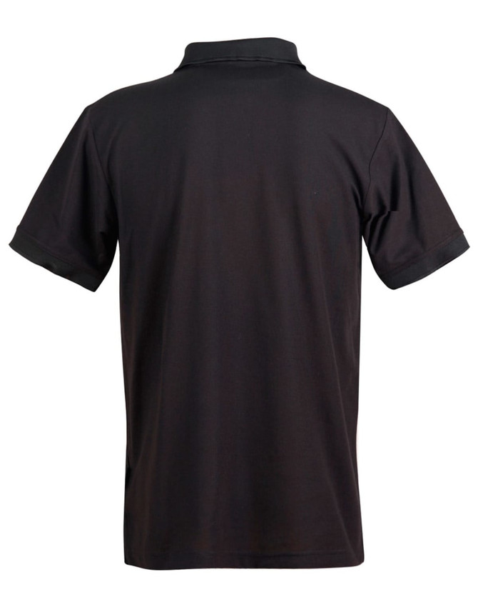 A black men's polo shirt featuring a classic collar and short sleeves. The shirt has a logo on it.