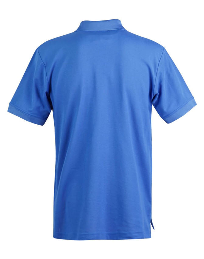 A blue men's polo shirt featuring short sleeves and a collar, with a brand logo on the back.
