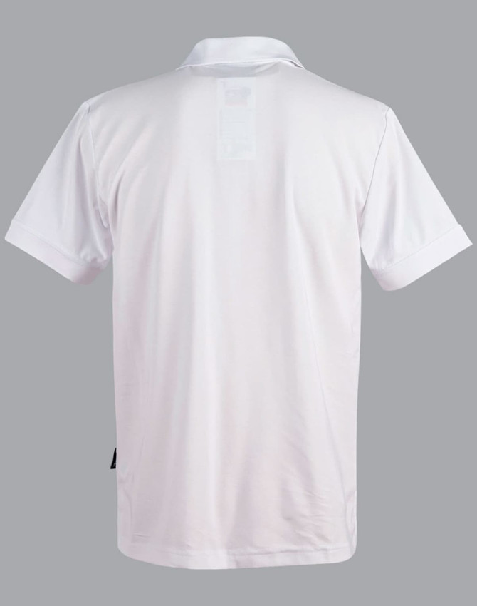 A white men's polo shirt with a collar and short sleeves, featuring a logo on the back.