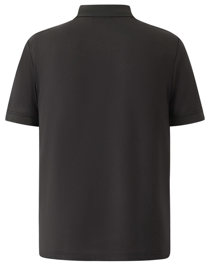 A grey polo shirt with a classic collar and short sleeves, featuring a logo on the side.