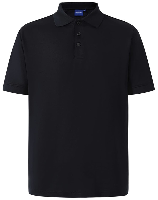 A navy blue men's polo shirt with a collar, short sleeves, and a logo on the side.