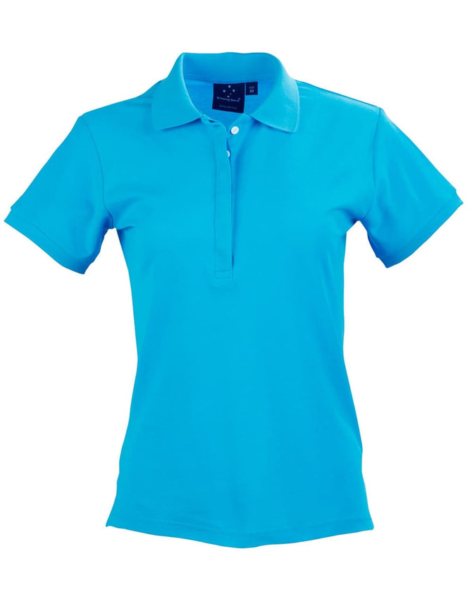 A bright aqua polo shirt with a classic collar and short sleeves, featuring a logo on the chest.