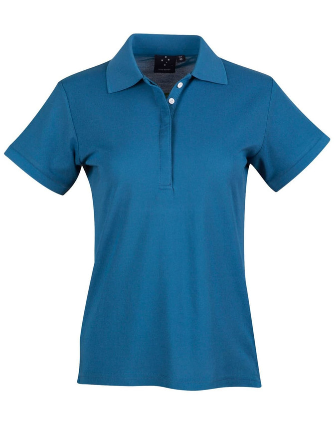A teal ladies' polo shirt with a collar, short sleeves, and button detailing. It features a branding logo.