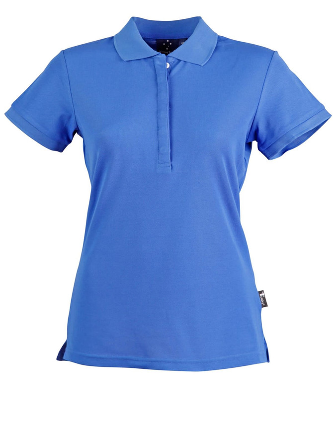 A blue ladies' polo shirt with a collar and short sleeves, featuring a logo on the side.