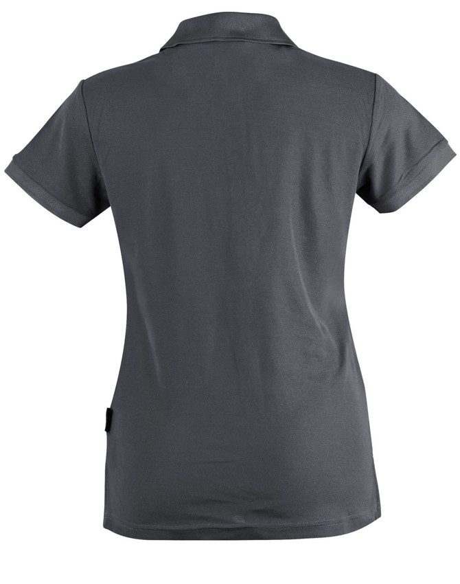 A grey ladies' polo shirt with a classic collar and short sleeves, featuring a branding logo.